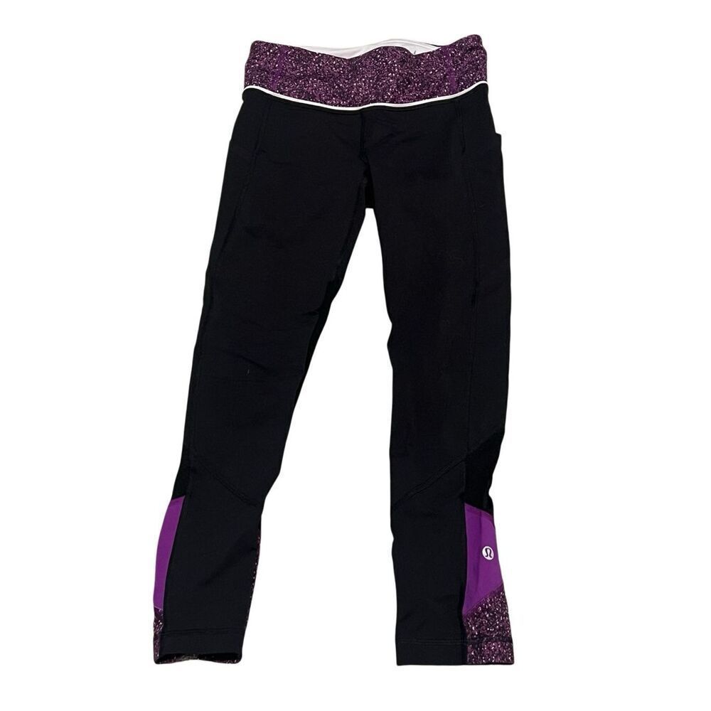 Lululemon Womens Pull-On Stretch Pace Rival Cropped Leggings Black Purple Size 2